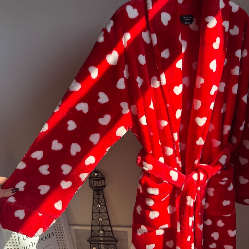 Kate Spade Fleece Heart Robe Red Long Sleeve Belted Bathrobe Sz XS - Picture 3 of 8